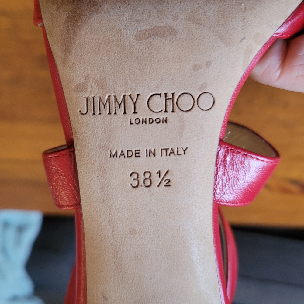 Jimmy Choo Red Leather Lottie Sandal Heels Size 38.5 Or US 8 - Picture 4 of 11